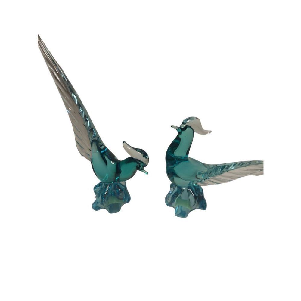 Two Seguso Murano Blue Green Glass Bird Sculptures